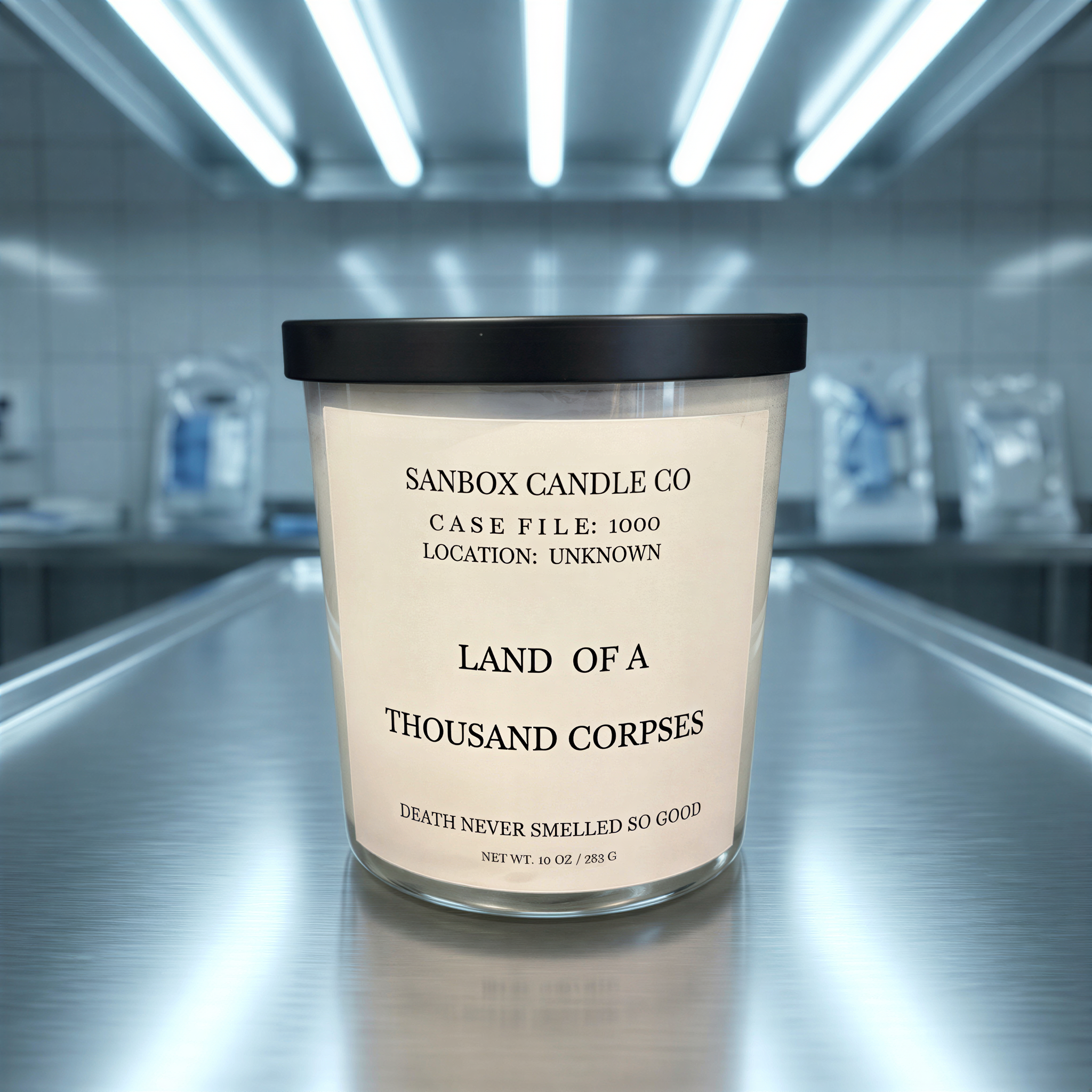 A candle labeled "Land of a Thousand Corps" from Sanbox Candle Co. in a laboratory setting.