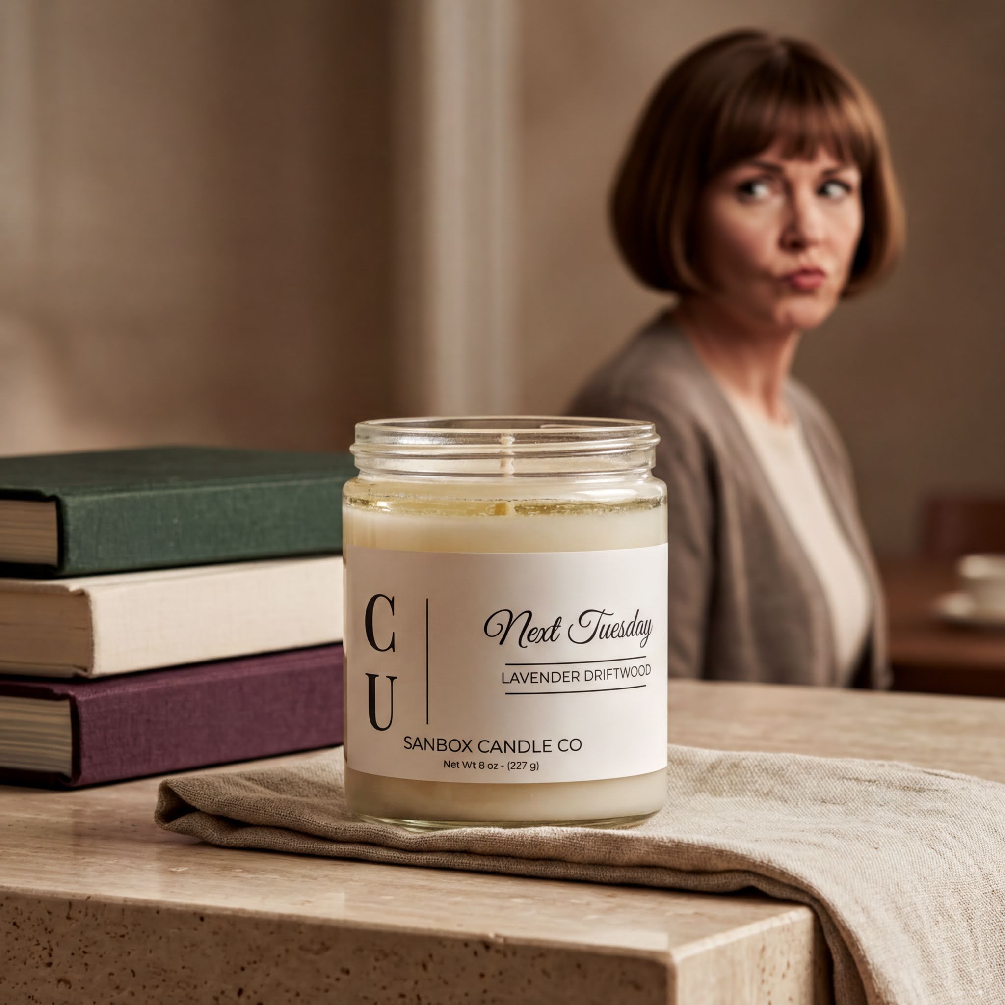 a candle labeled "Next Tuesday" on a table, with a woman in the background.