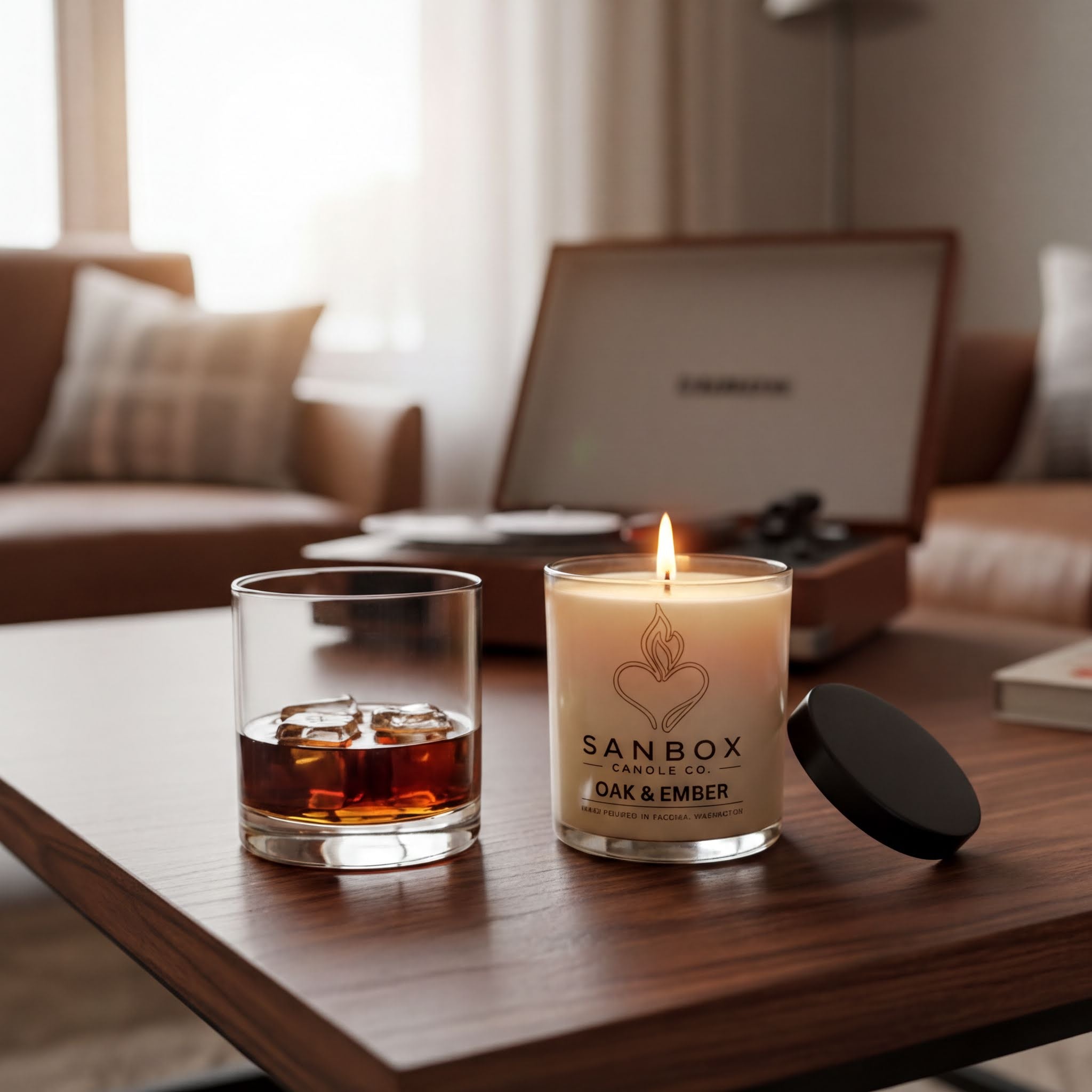 a wooden table with a lit candle and a glass of amber-colored liquid, possibly whiskey, placed on it. In the background, there is a record player and a couch, suggesting a cozy living room setting.