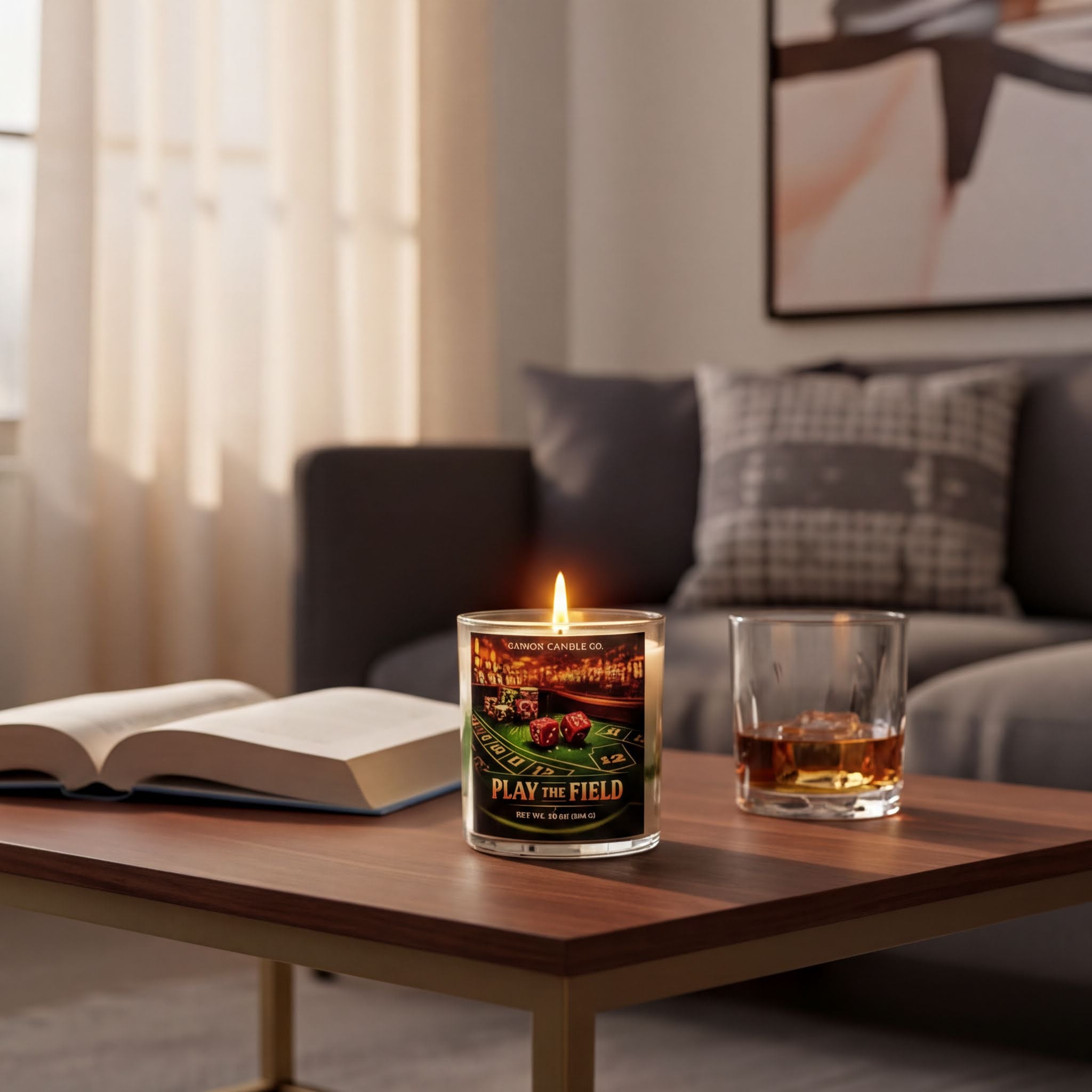 a lit candle on a wooden table, with a glass of amber liquid, likely whiskey, and an open book nearby.