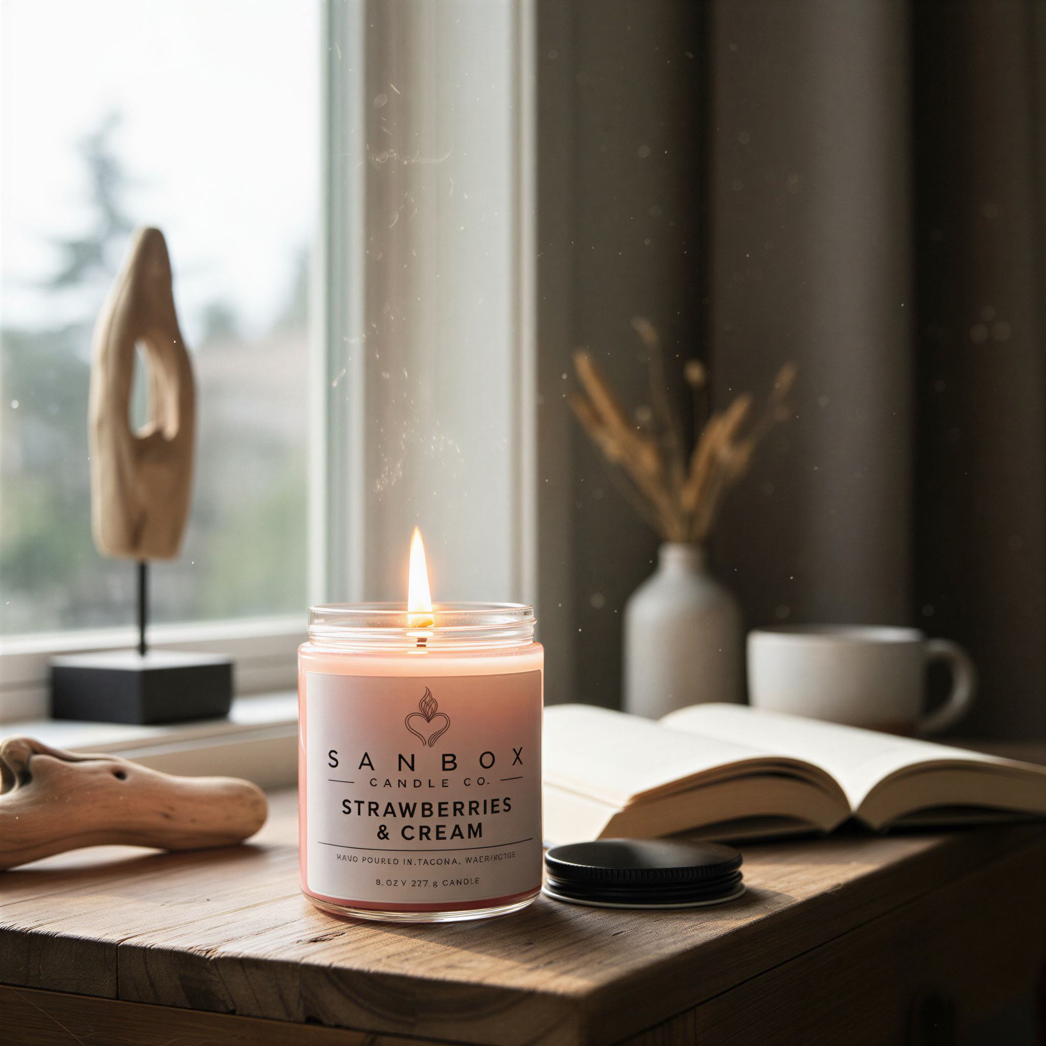 a lit candle in a jar on a wooden table, with a book and a vase of dried flowers in the background.