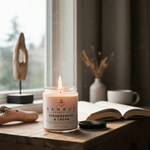a lit candle in a jar on a wooden table, with a book and a vase of dried flowers in the background.