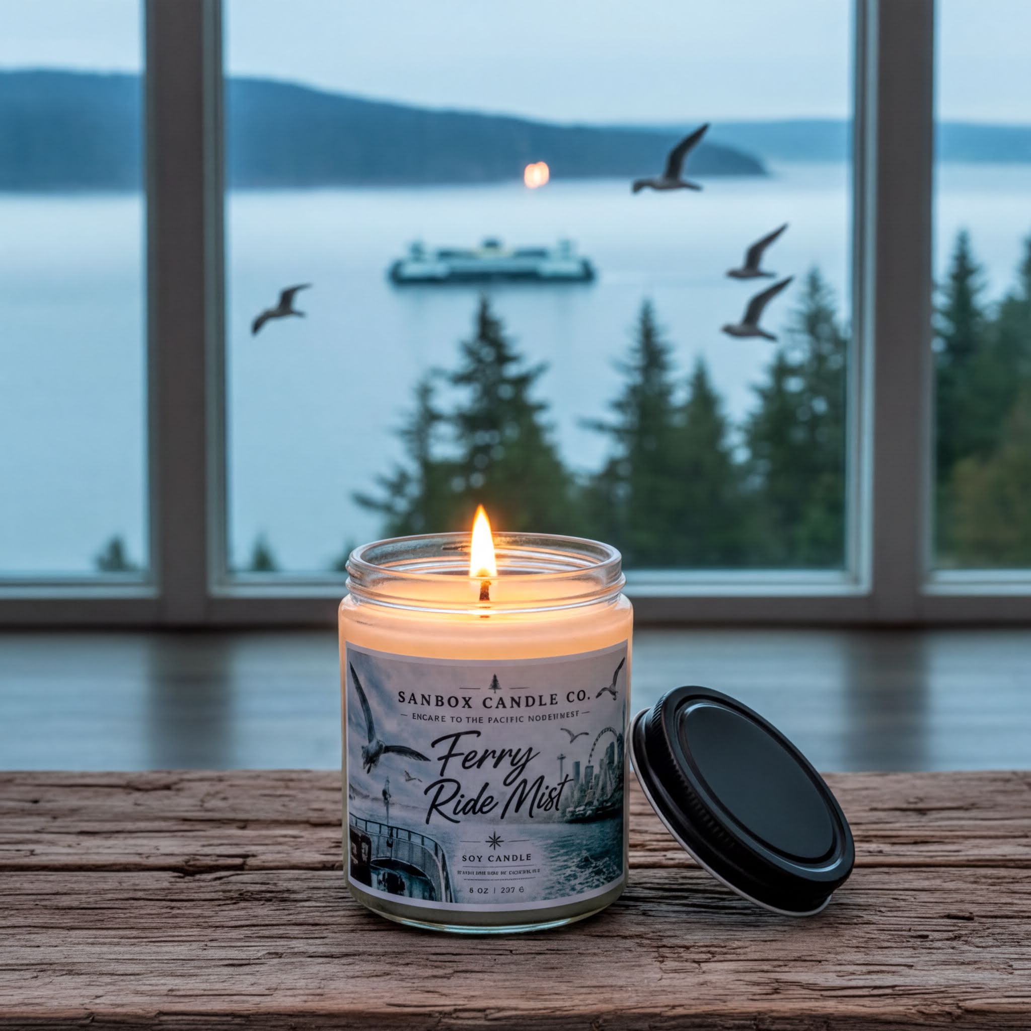 A lit candle in a jar sits on a wooden surface, with a scenic view of a lake and mountains visible through a window in the background.