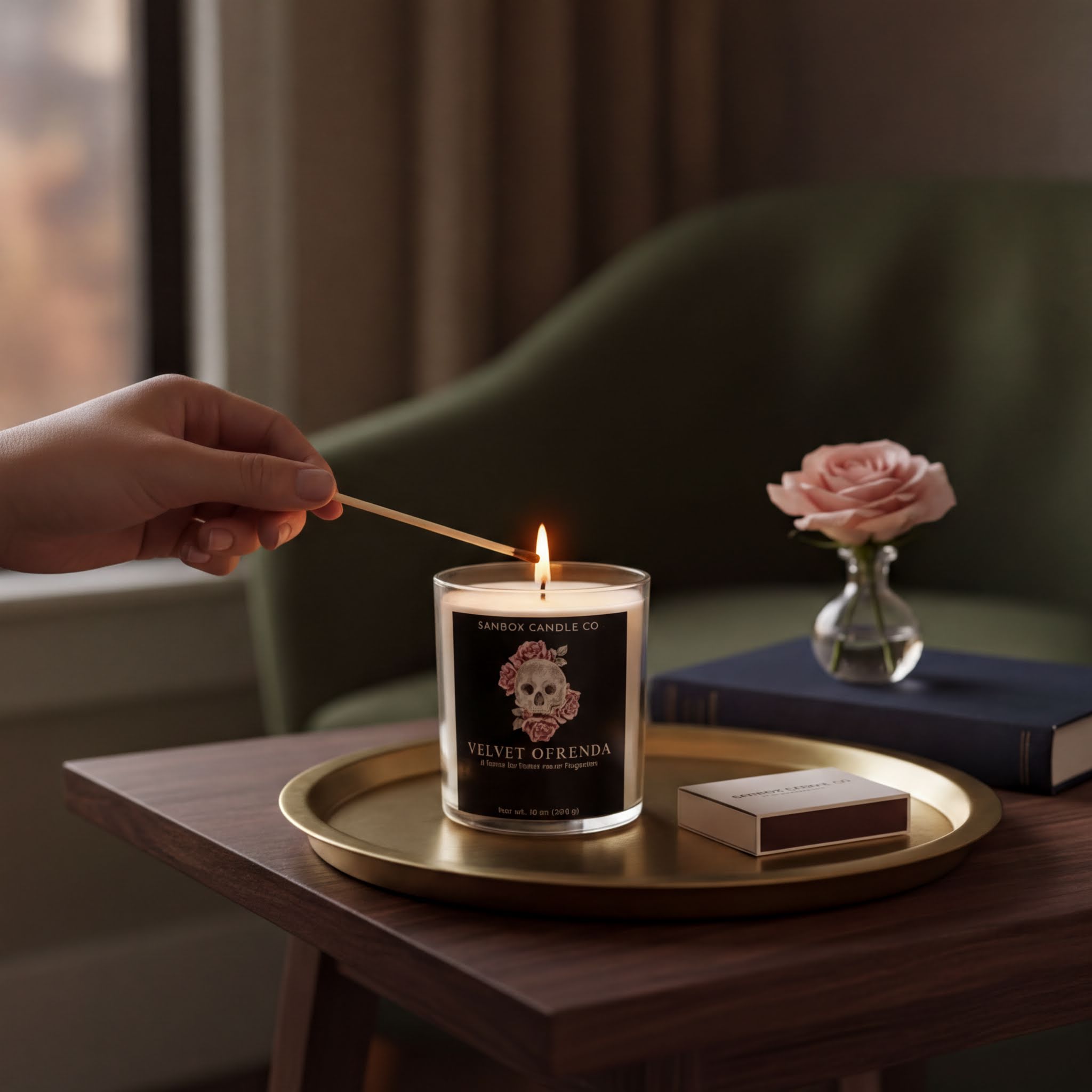 A hand is lighting a candle on a wooden table, with a rose in a vase and a book nearby.