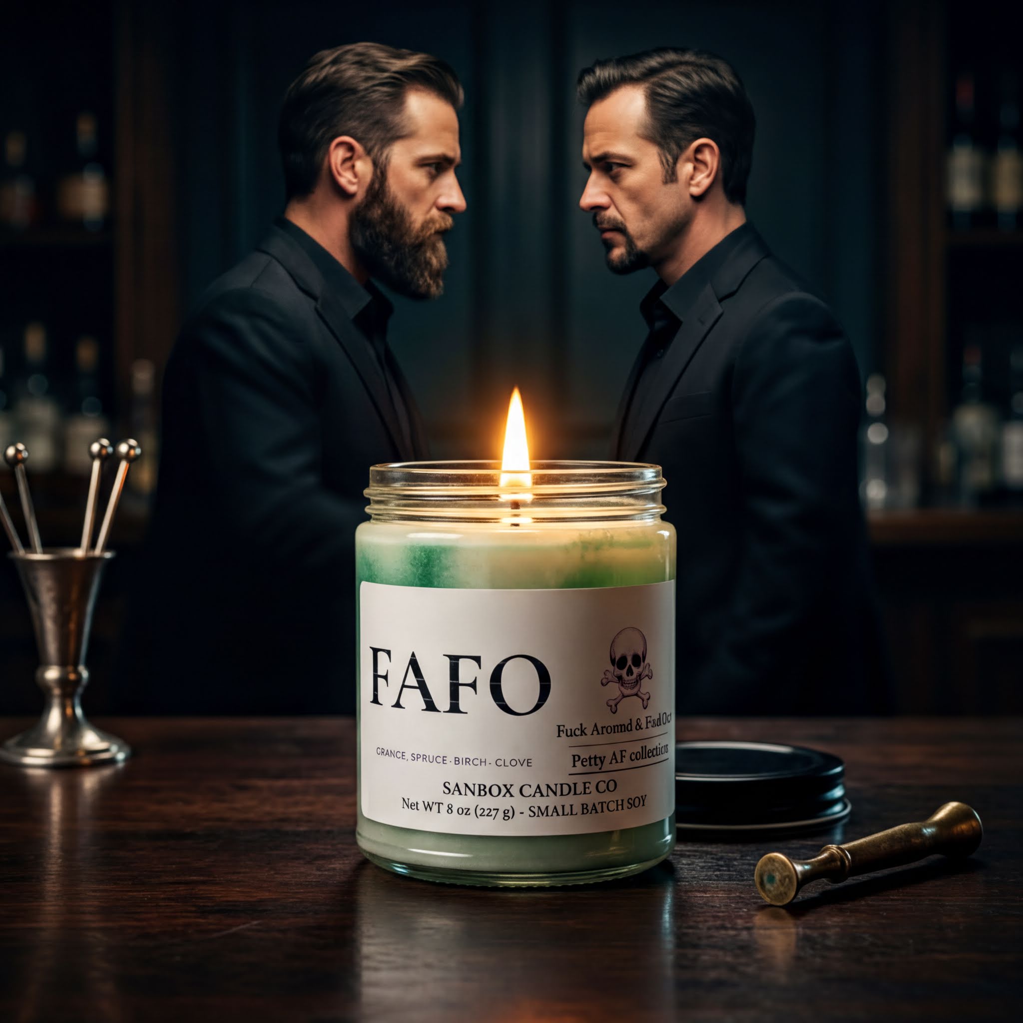 two men in suits standing in front of a candle labeled "FAFO" on a table.
