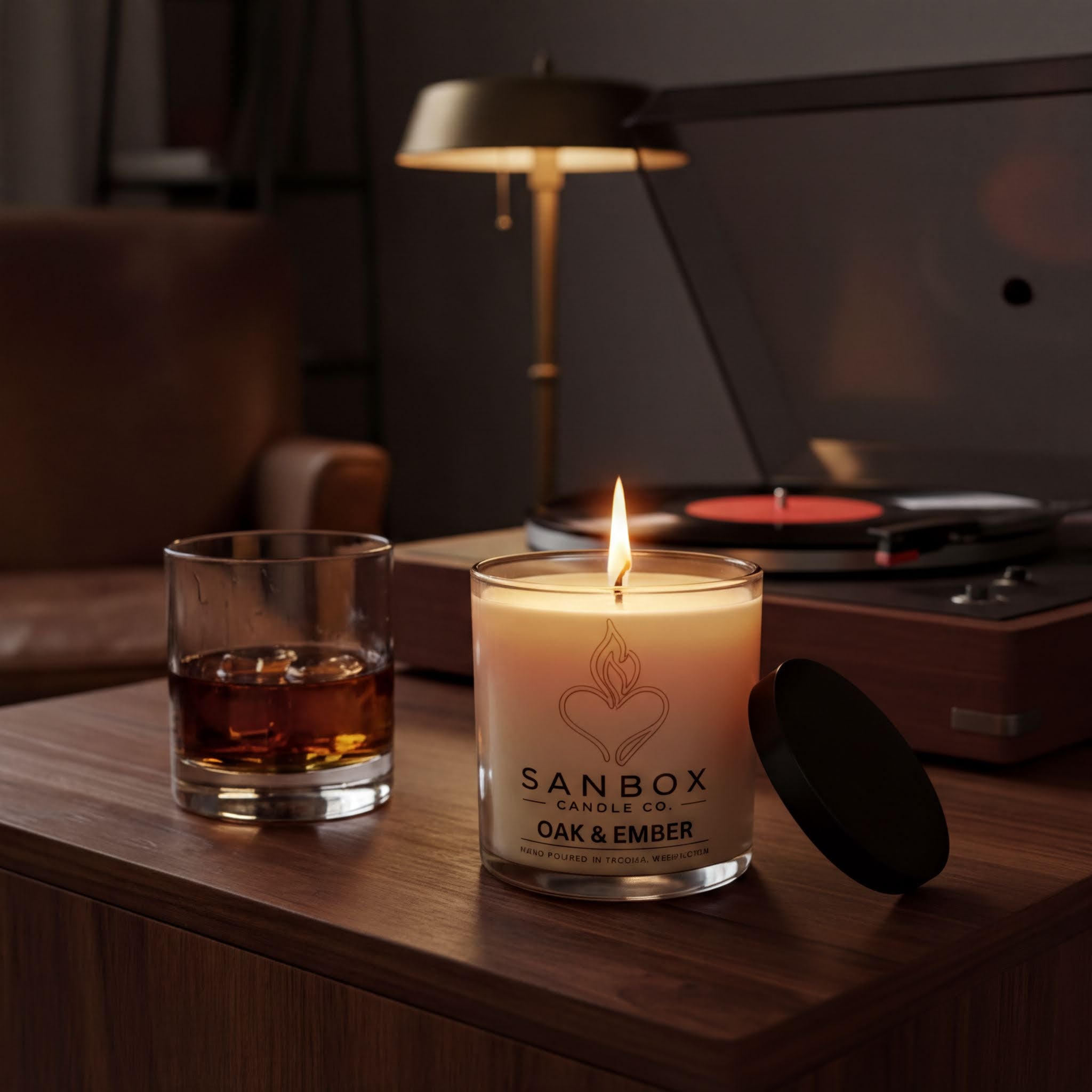 a lit candle on a wooden table, with a glass of amber-colored liquid and a record player in the background.