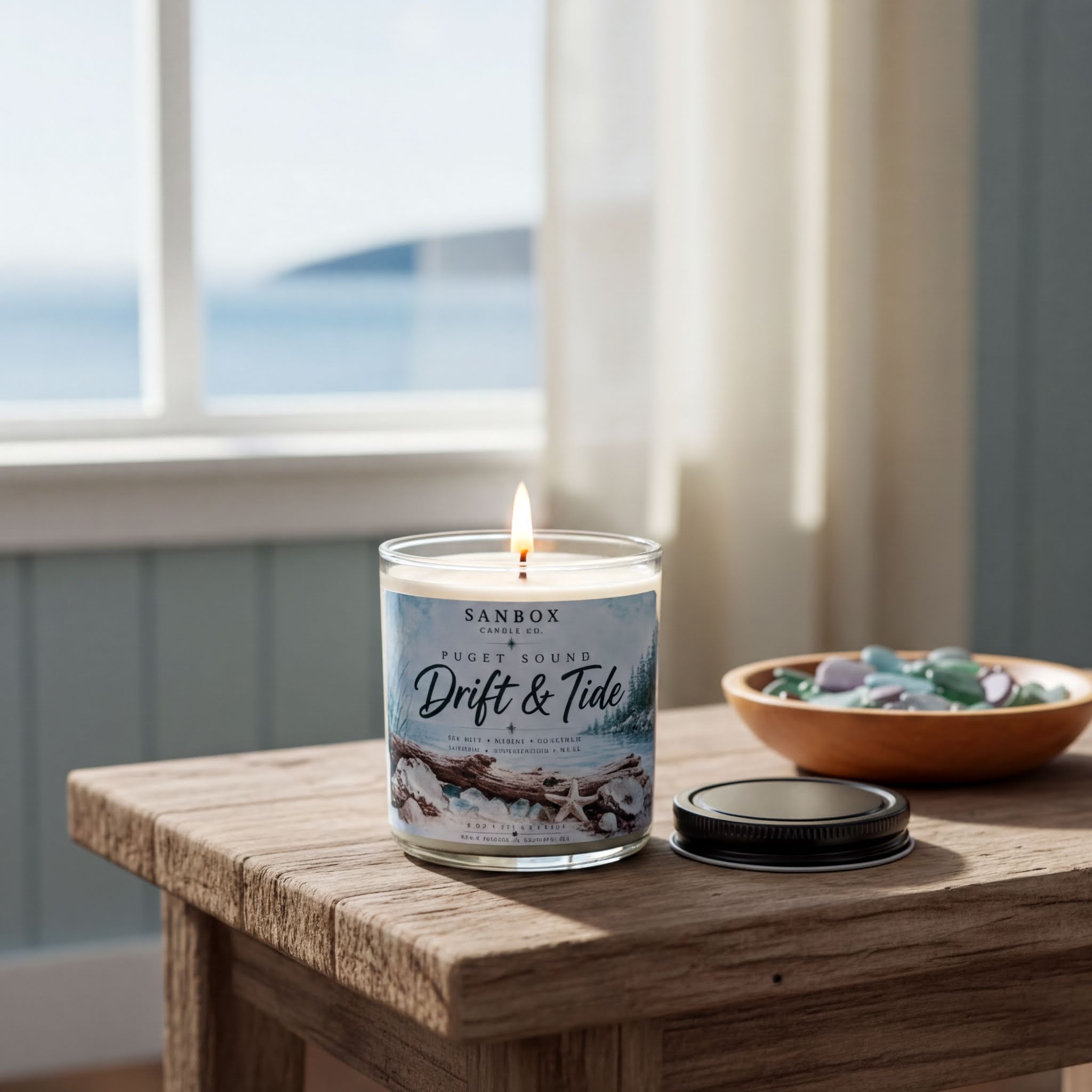 A lit candle labeled "Drift & Tide" sits on a wooden table, with a bowl of colorful stones in the background.