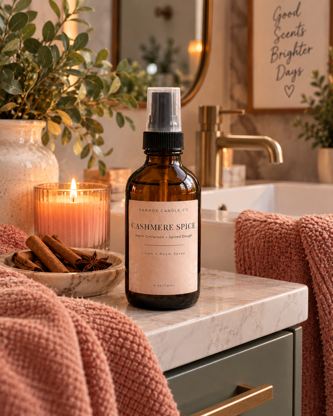 Sanbox Candle Co Cashmere Spice room spray bottle on a bathroom marble counter with a lit candle, cinnamon sticks, and pink towels