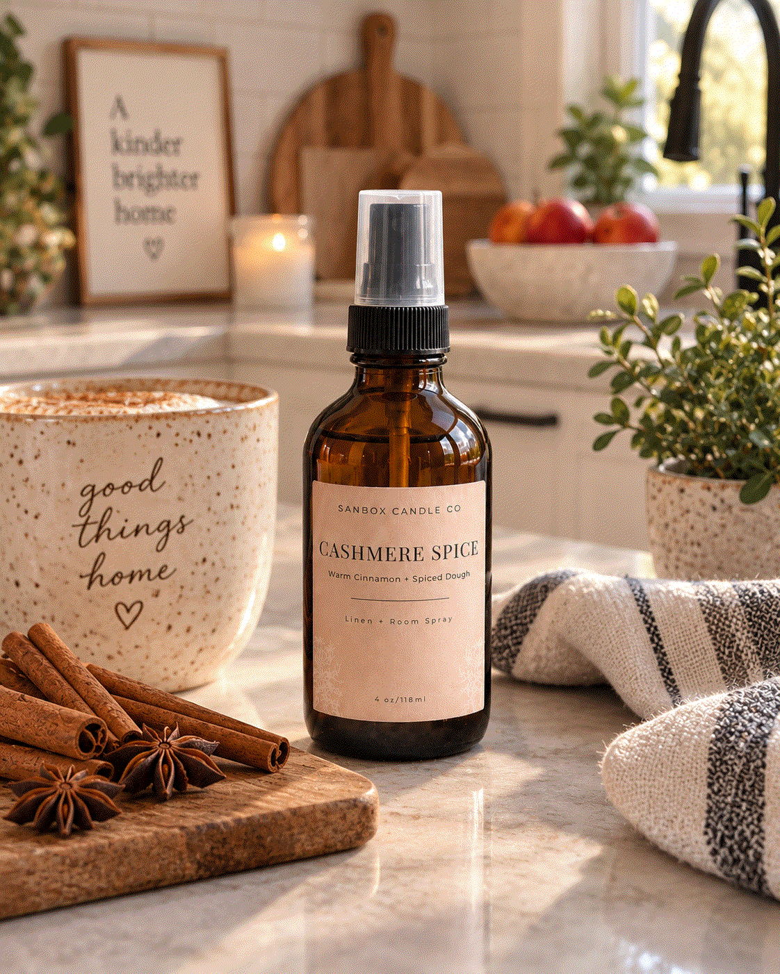 Sanbox Candle Co Cashmere Spice room spray bottle on a kitchen counter with a latte mug, cinnamon sticks, star anise, and fresh apples