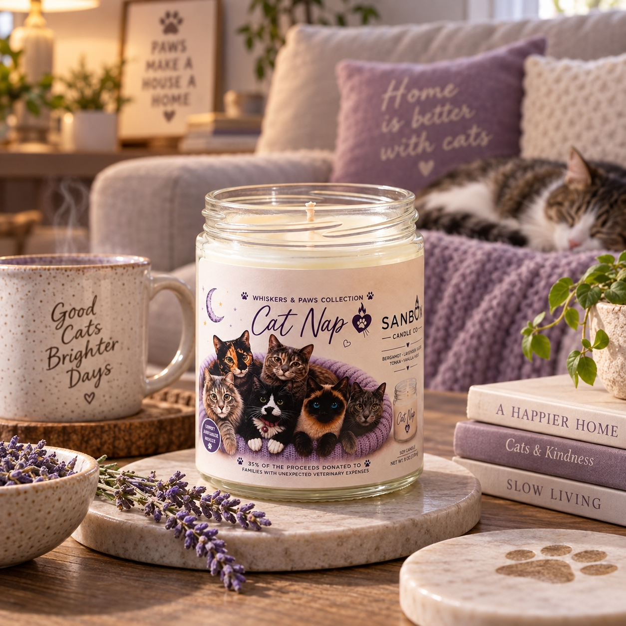 Lit Cat Nap 8 oz pet odor-eliminating soy candle in a clear glass jar with an illustrated multi-cat label, lavender sprigs, and wood-slice display