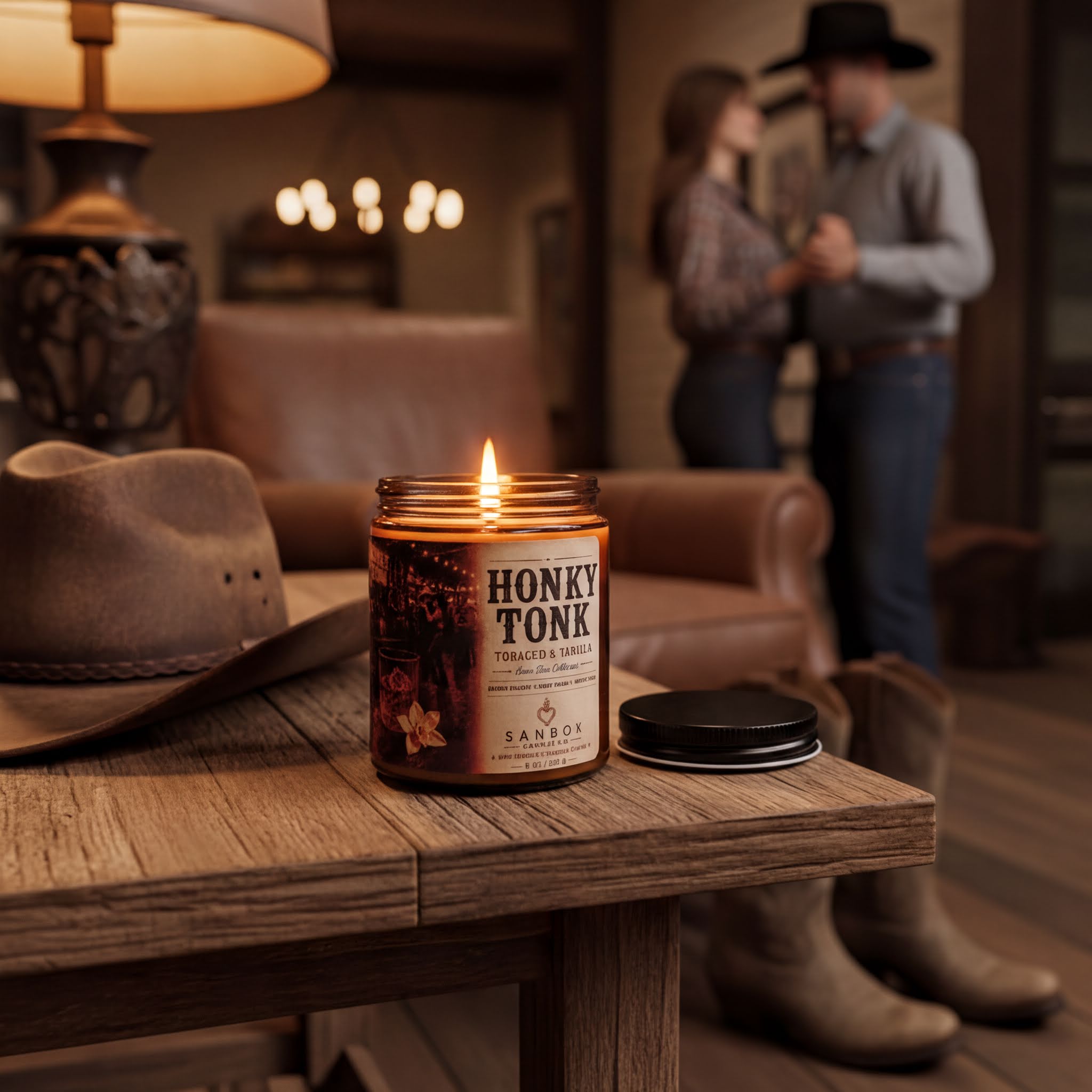 a lit candle on a wooden table, with a cowboy hat and a couple of people in the background.