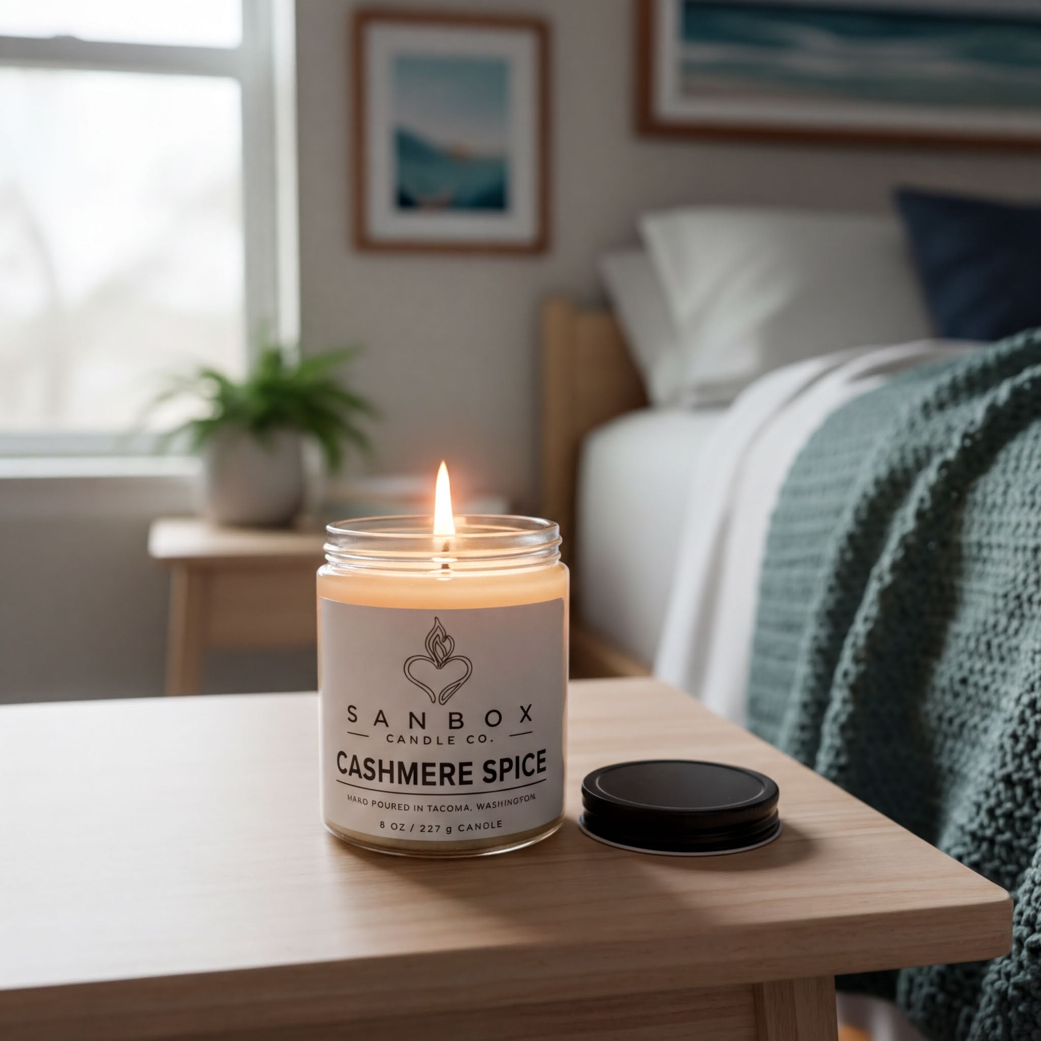 A lit candle in a jar labeled "SANBOX CANDLE CO. CASHMERE SPICE" sits on a wooden nightstand in a bedroom, with a framed picture and a plant in the background.
