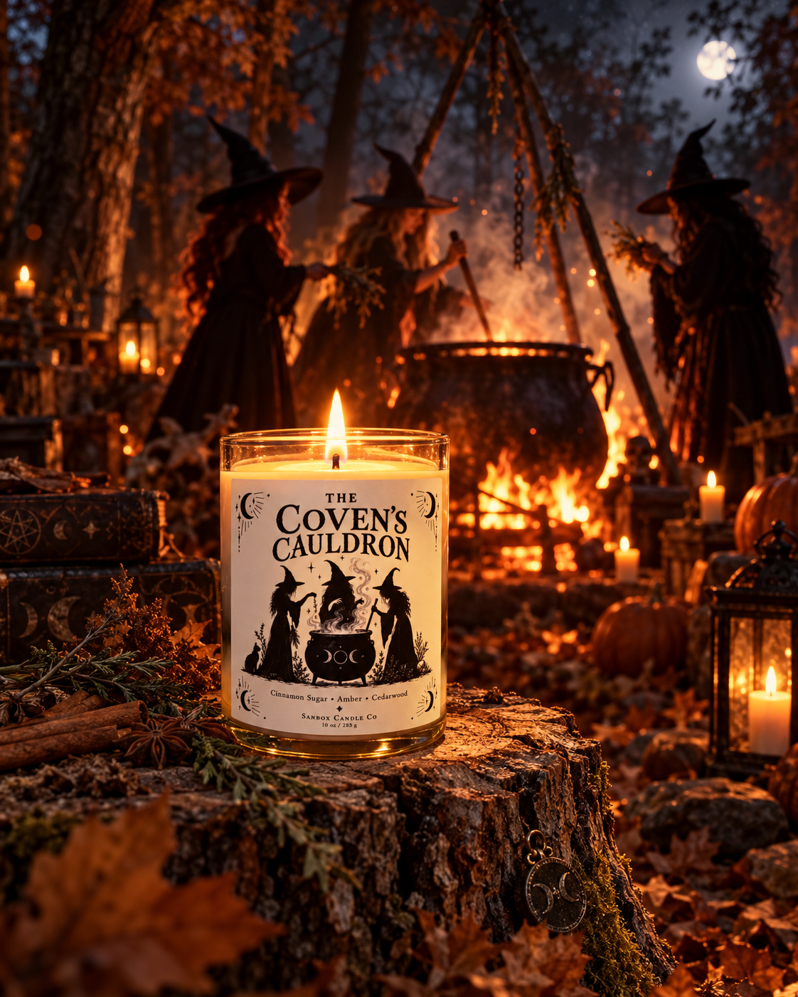 The Coven's Cauldron 10-ounce soy candle in a clear glass jar with a lit single wick and black-and-cream label showing three witches around a cauldron, styled with a black cat, raven, pumpkins, and gothic decor.
