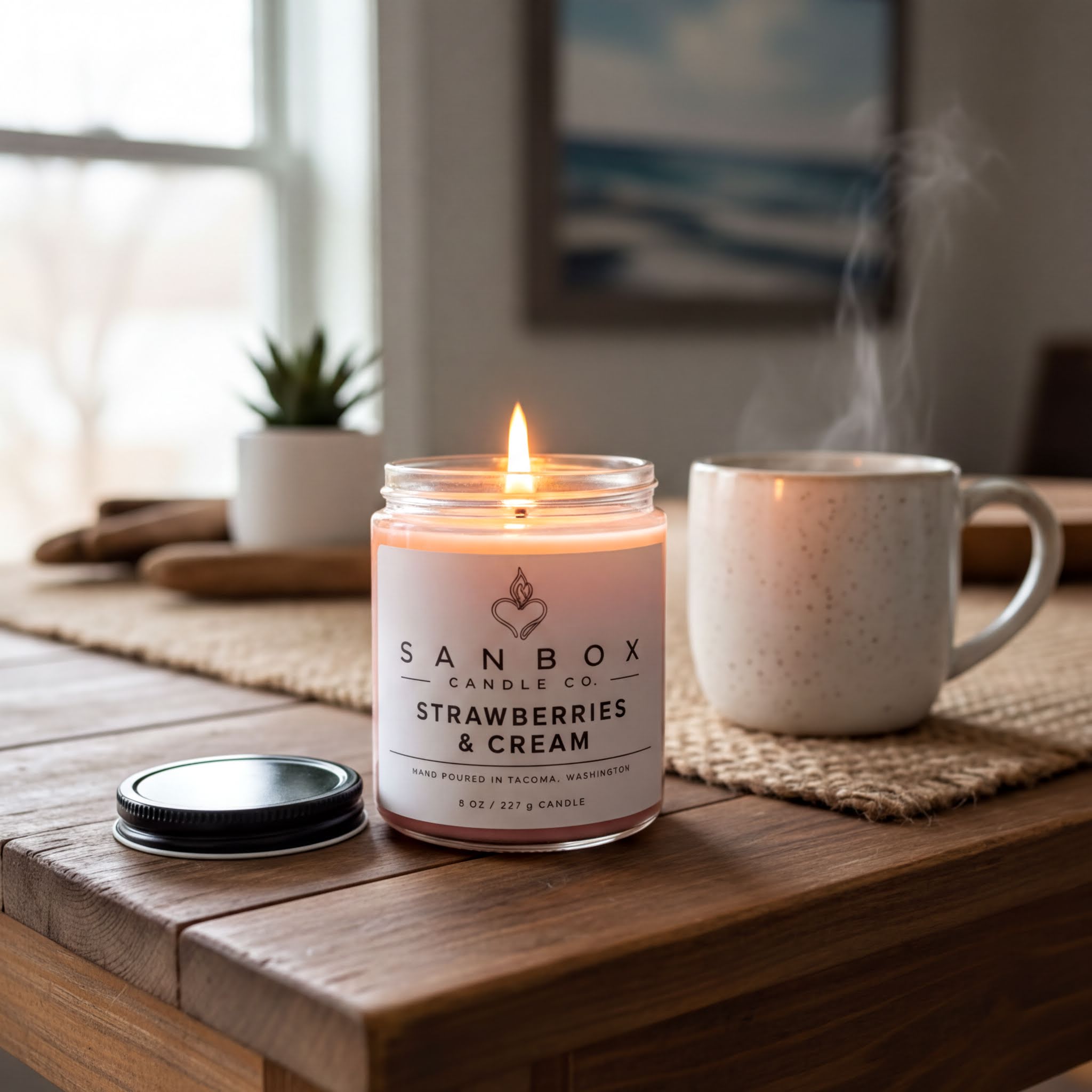 A lit candle in a jar labeled "SANBOX CANDLE CO. STRAWBERRIES & CREAM" sits on a wooden table, accompanied by a mug of hot beverage.