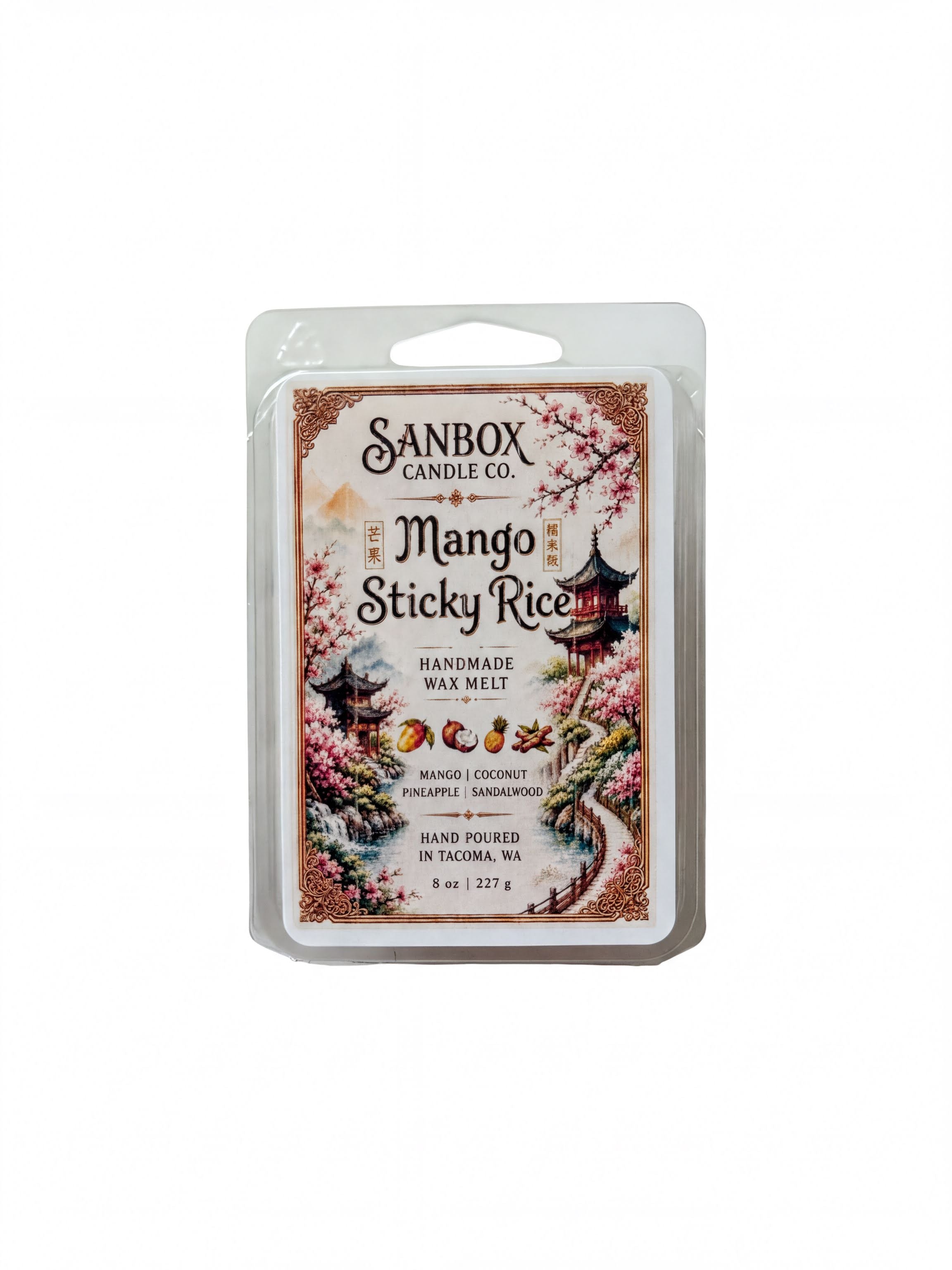 a package of Sanbox Candle Co. mango sticky rice candle.