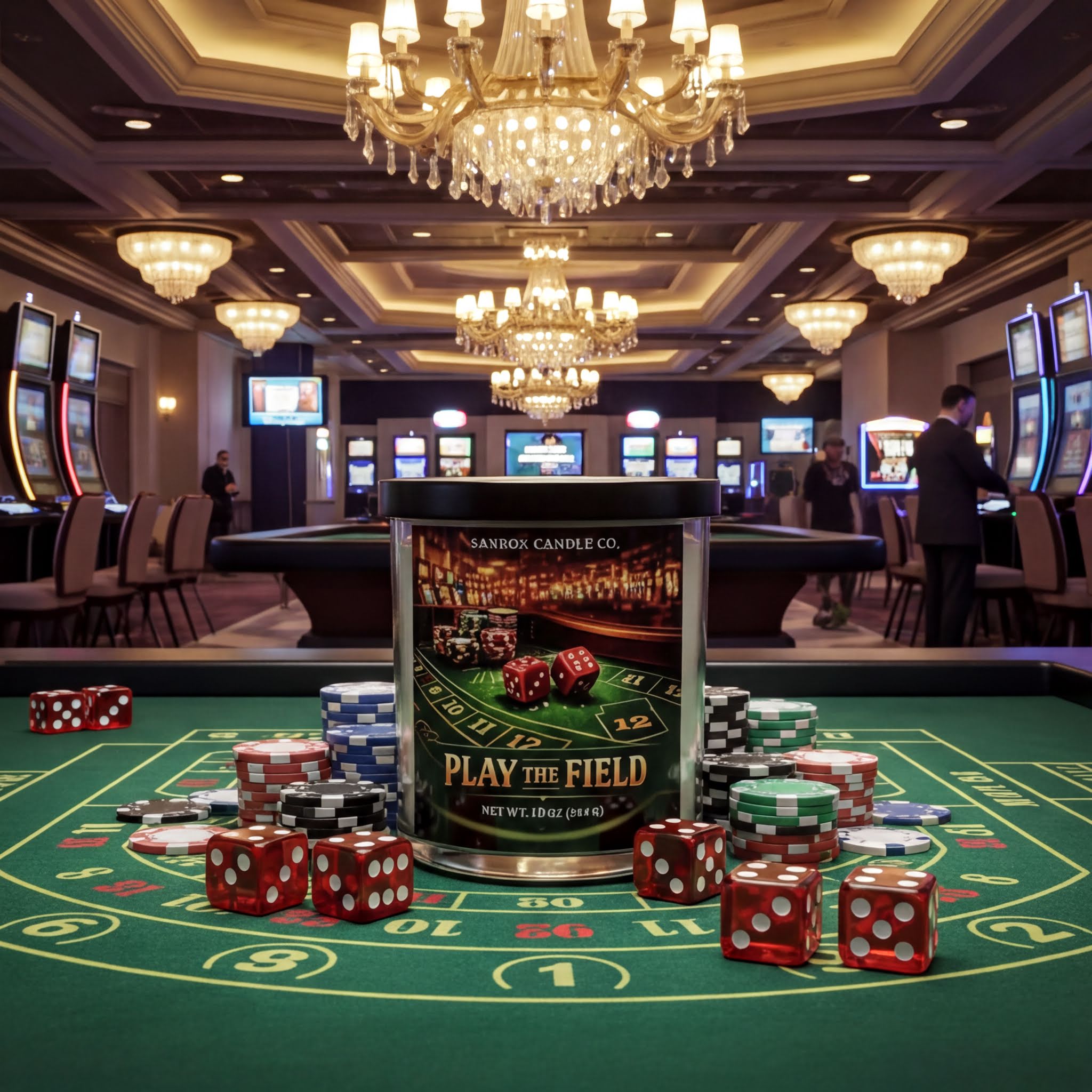 a casino-themed scene with a large casino table, a large candle in the center, and various casino elements such as slot machines and poker chips.