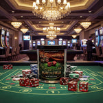a casino-themed scene with a large casino table, a large candle in the center, and various casino elements such as slot machines and poker chips.