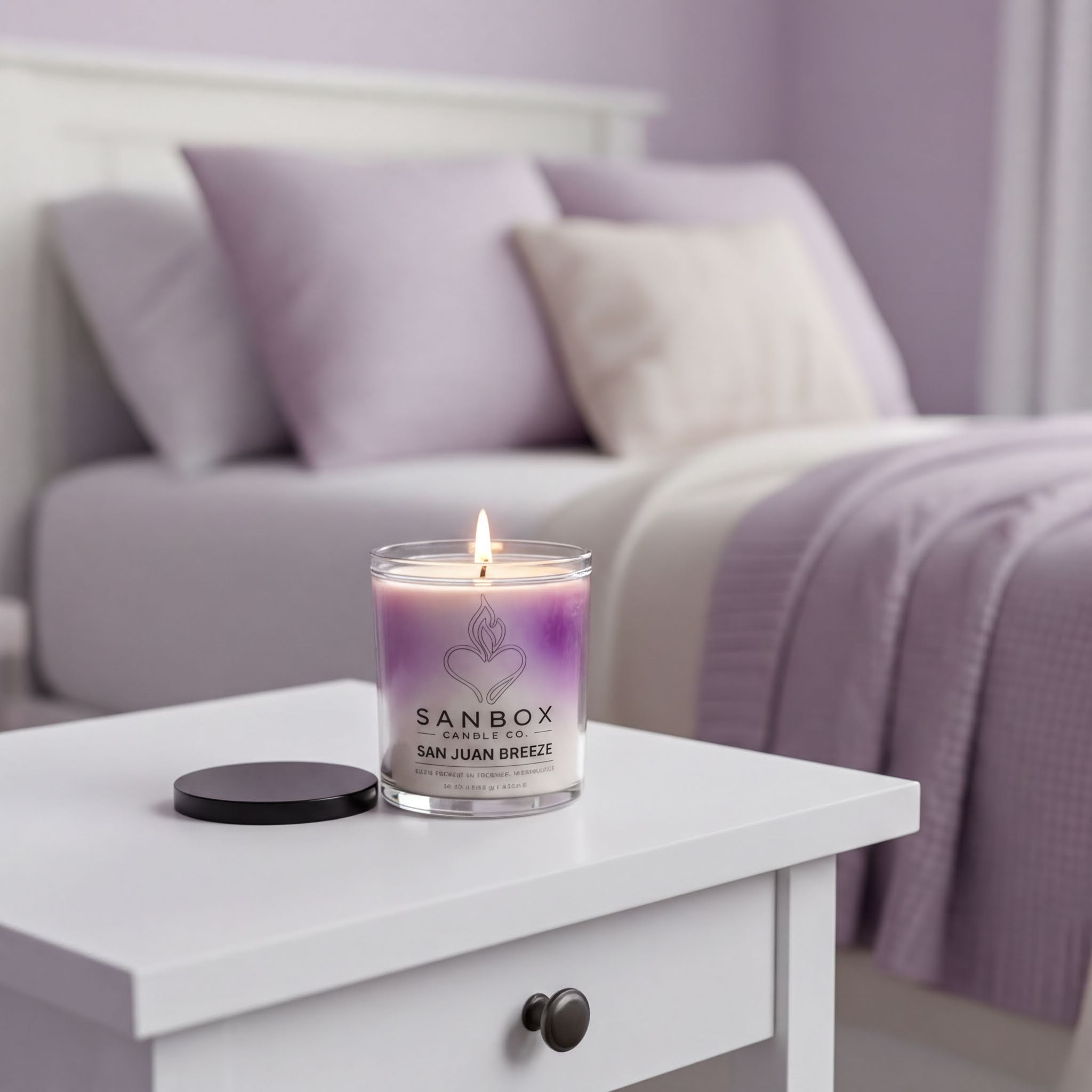 A lit candle in a glass jar sits on a white nightstand in a bedroom with purple bedding and pillows.