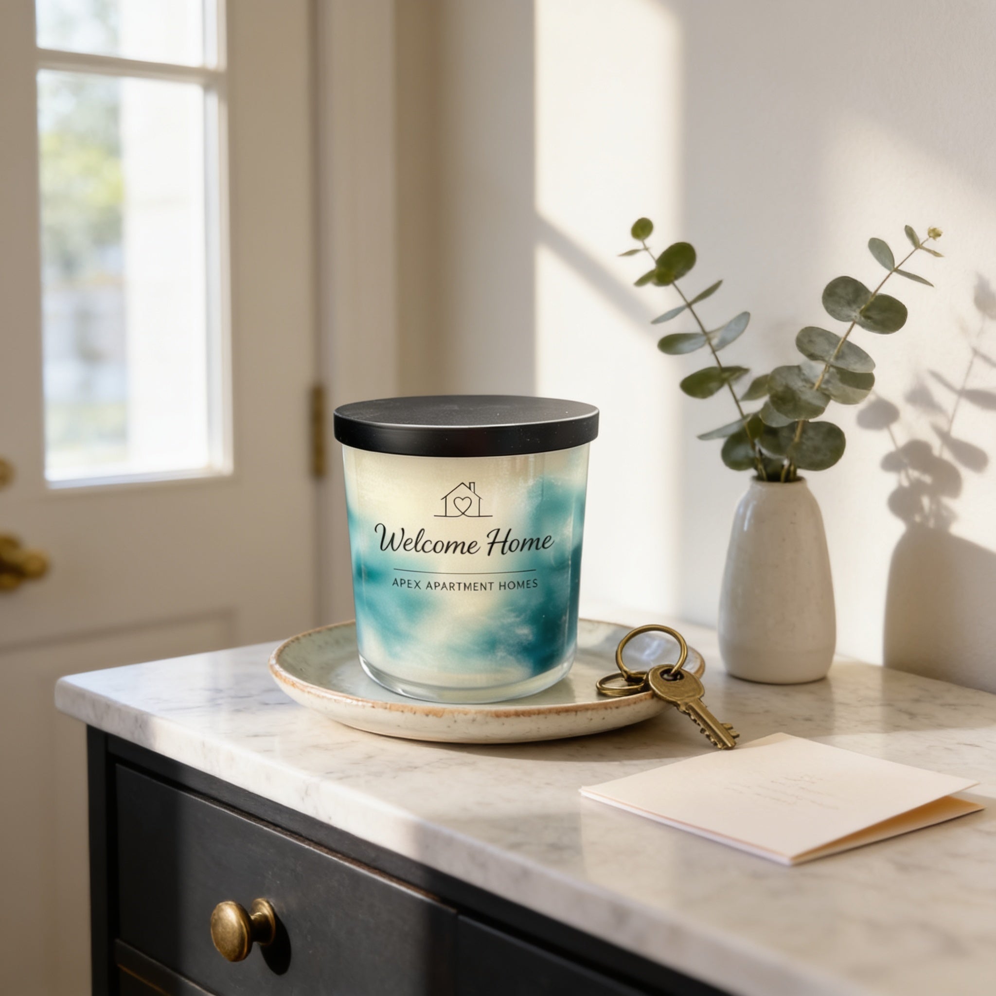a candle labeled "Welcome Home" on a marble countertop, with a key and a card nearby.