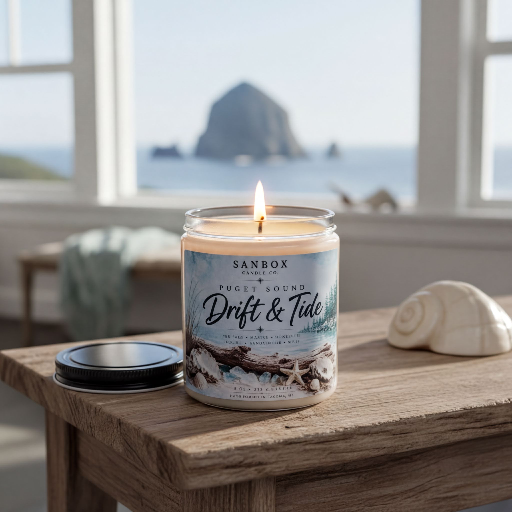 A lit candle in a jar sits on a wooden table, with a seashell and a black lid nearby. The candle is labeled "Sanbox Candle Co. Drift & Tide" and is set against a scenic view of the ocean and a rocky island in the distance.