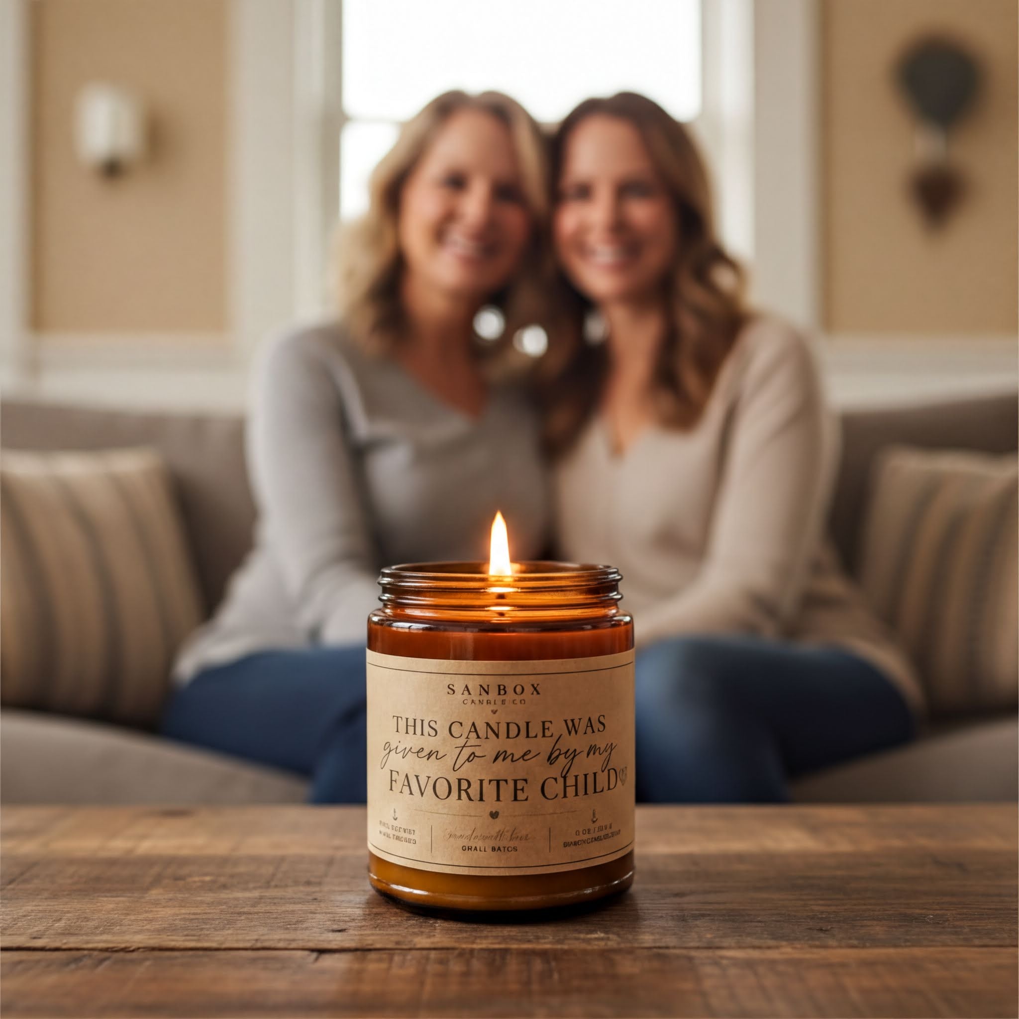 Two women sitting on a couch, smiling, with a lit candle in the foreground.