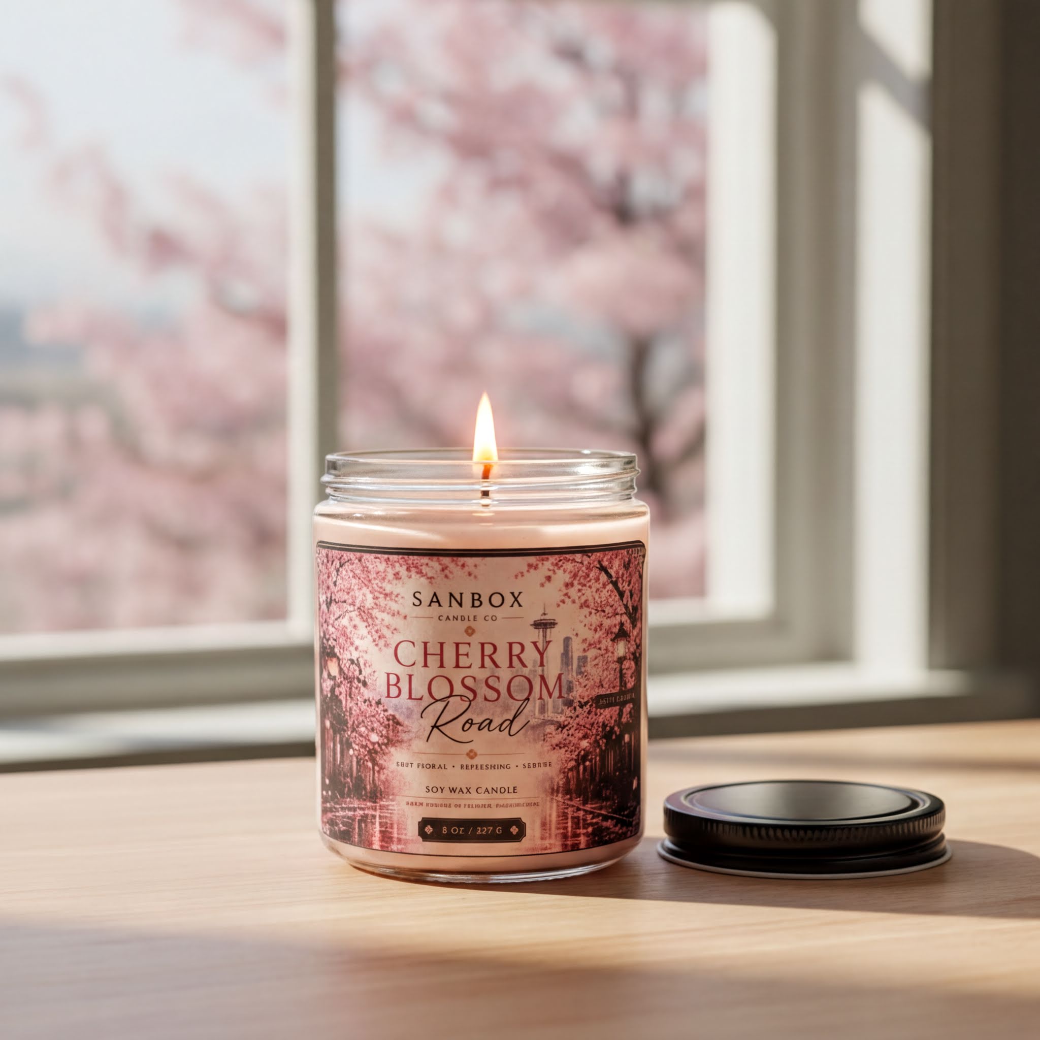 A lit candle in a jar with a label that reads "SANBBOX Cherry Blossom Road" sits on a wooden surface, with a window in the background displaying pink cherry blossoms.