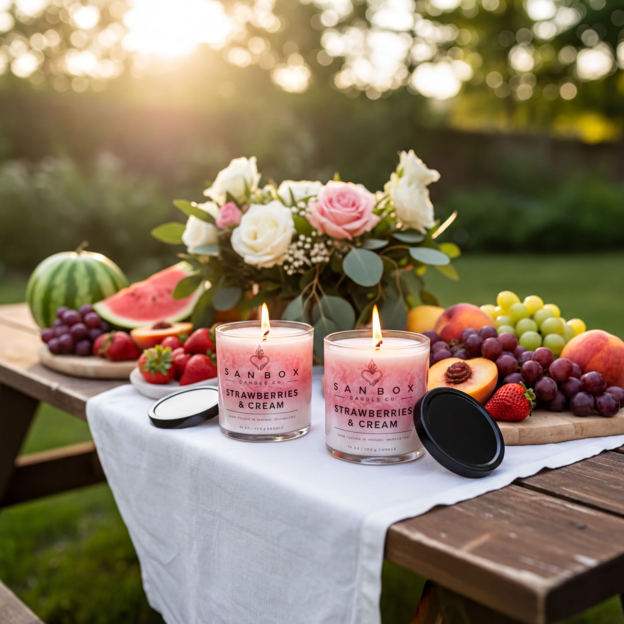 a table with two lit candles, a vase of flowers, and a variety of fruits such as watermelon, grapes, peaches, and strawberries.