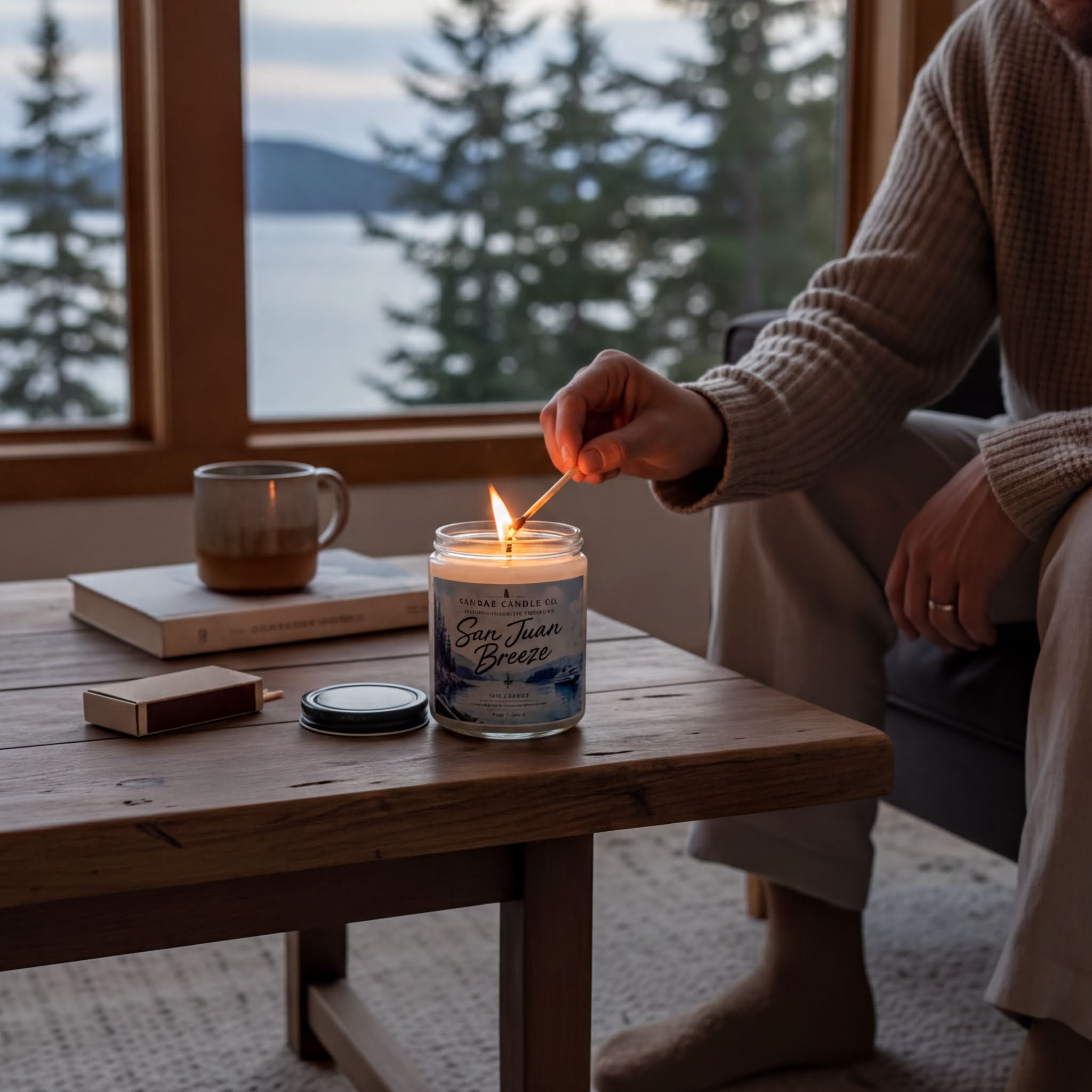 A person is lighting a candle on a wooden table, with a book and a mug nearby.