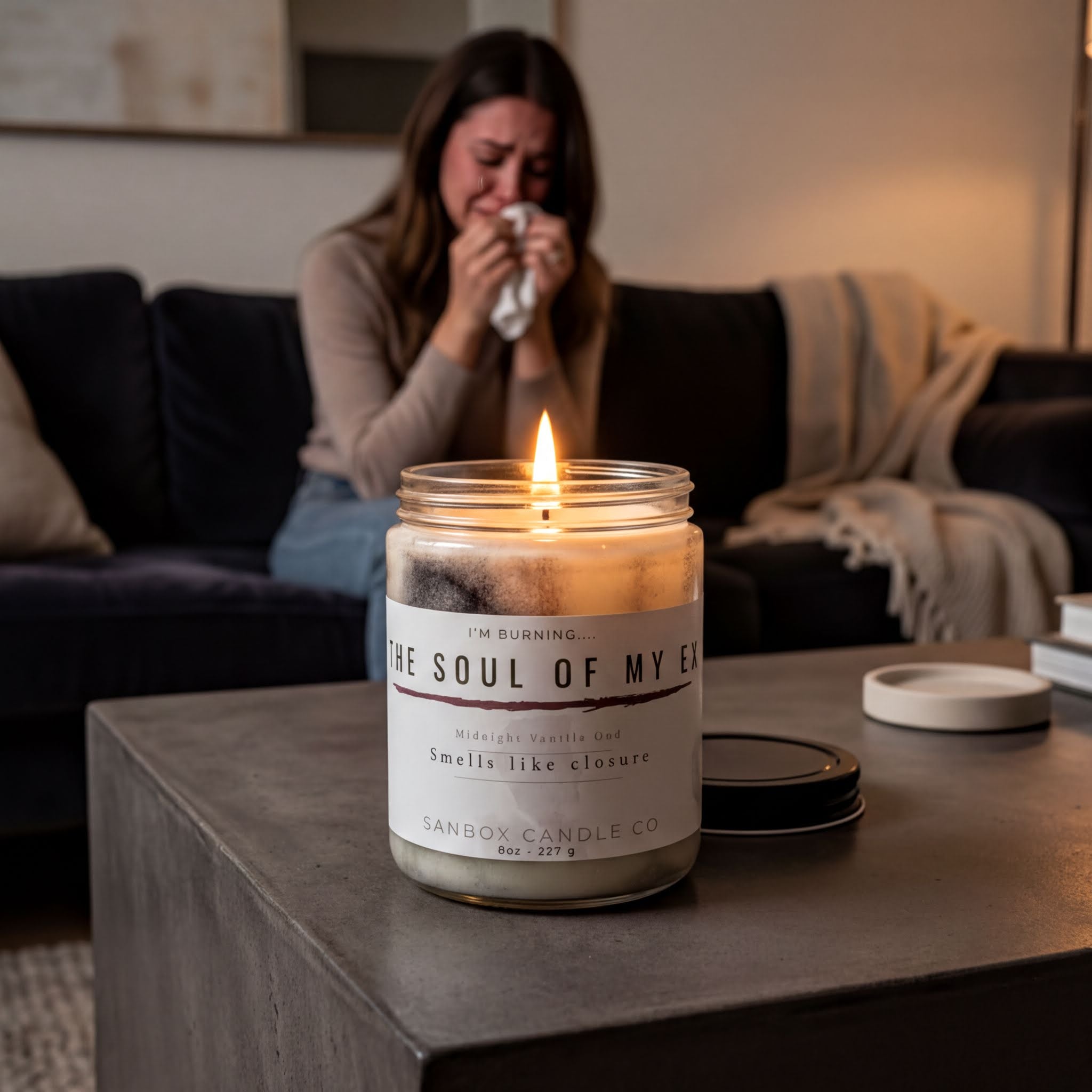 A woman is sitting on a couch, holding a tissue to her face, with a lit candle in a jar in front of her.