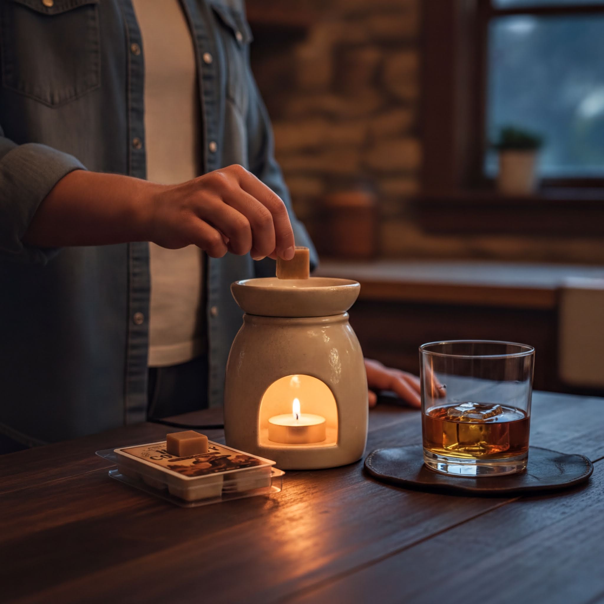 A person is lighting a candle in a white ceramic holder, which is placed on a wooden table. There is a glass of amber liquid, possibly whiskey, and a small tray of what appears to be candies or sweets nearby.