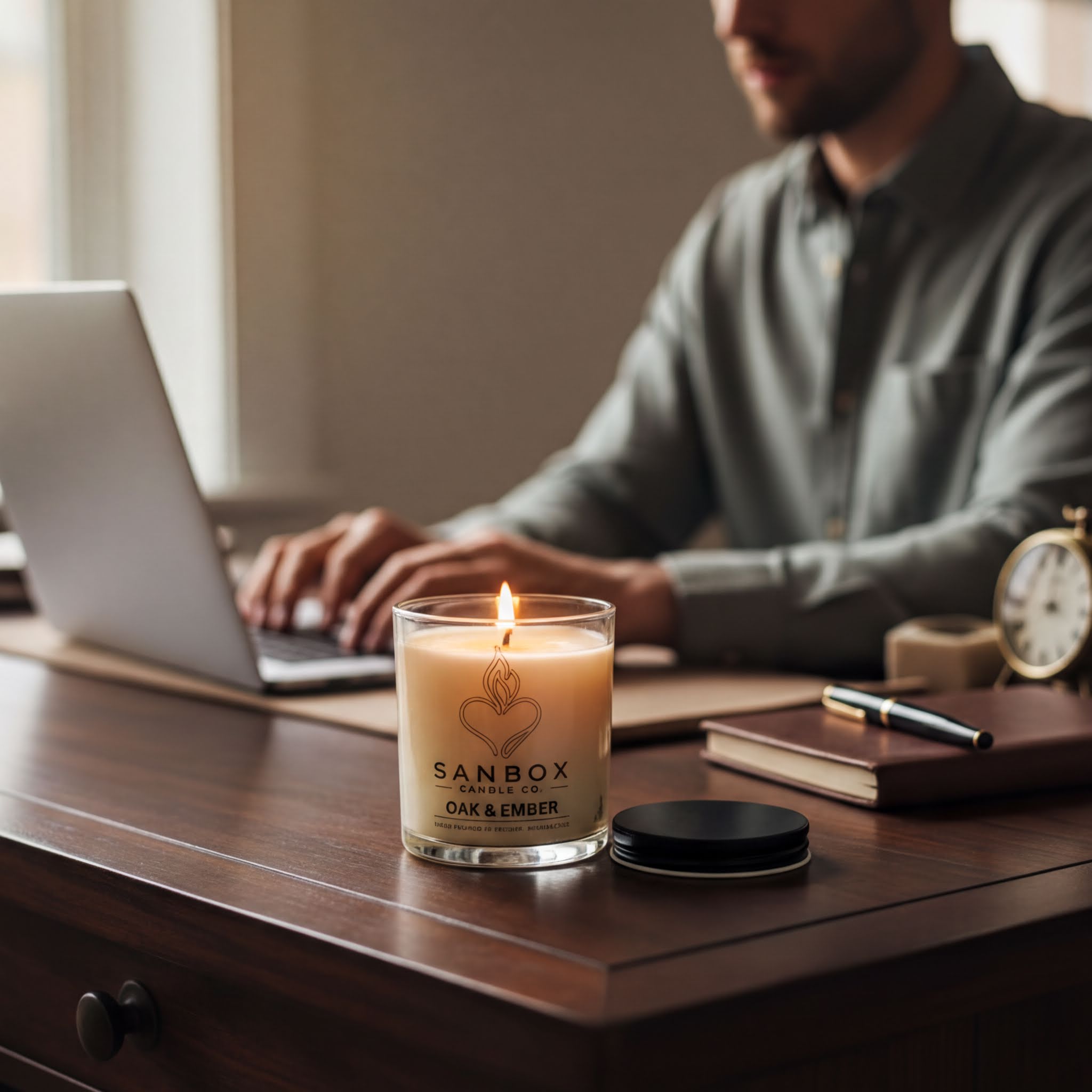 A lit candle labeled "SANBOX OAK & EMBER" sits on a wooden desk, with a laptop and other office items in the background.