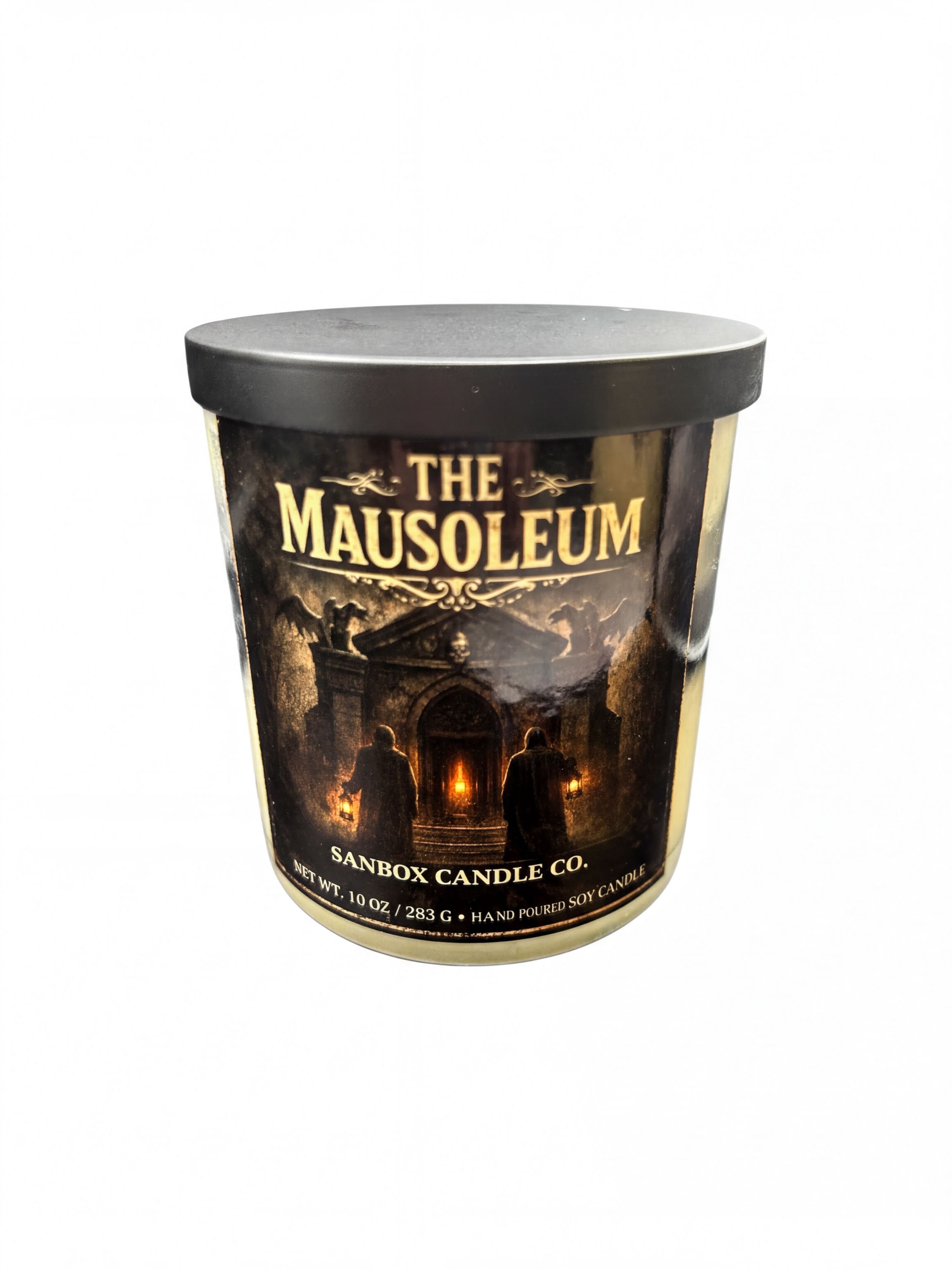 The image is a cylindrical container with a label that features a dark, spooky scene with two figures in the background.
