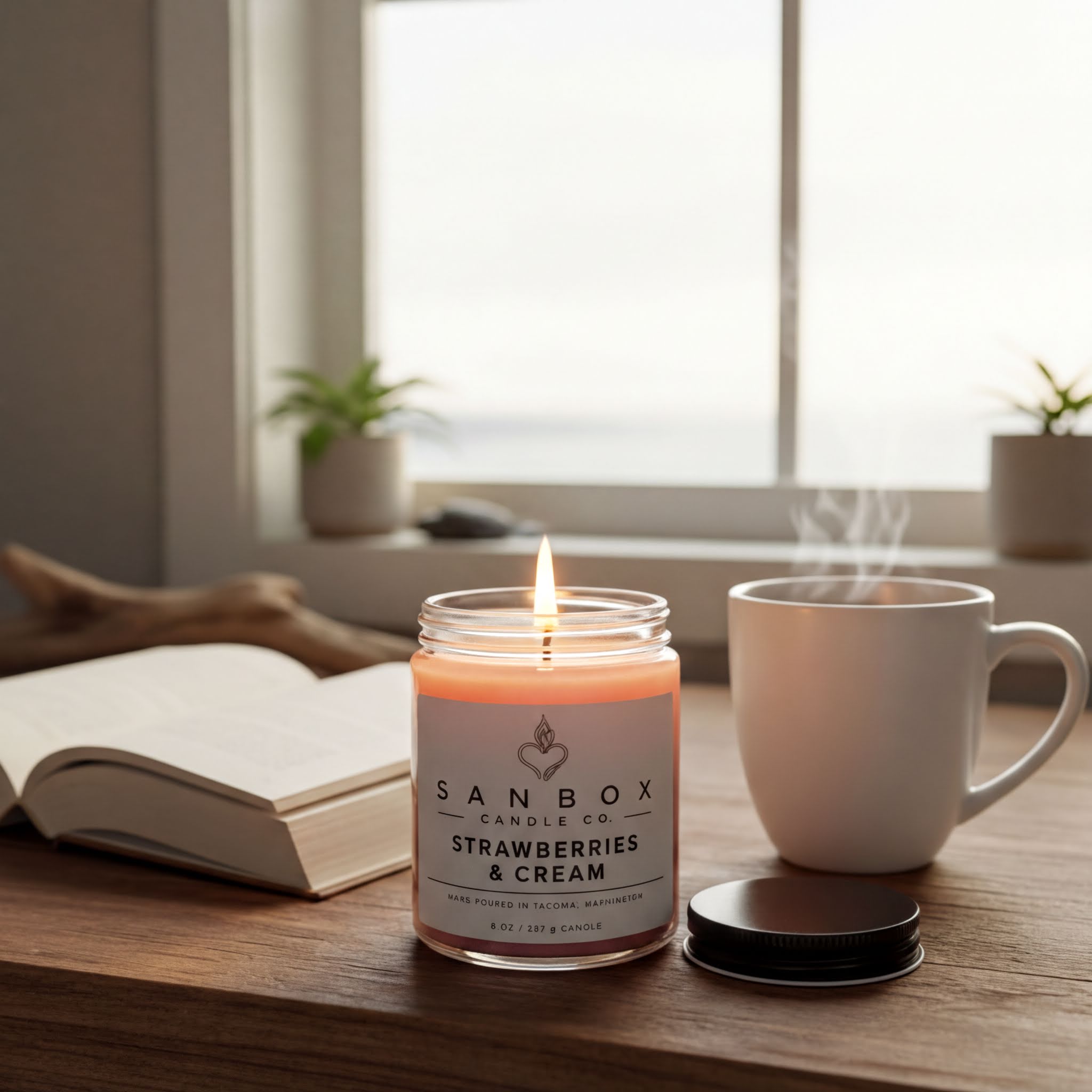 a lit candle labeled "SANBOX STRAWBERRIES & CREAM" on a wooden table, with a mug of hot beverage and an open book nearby.
