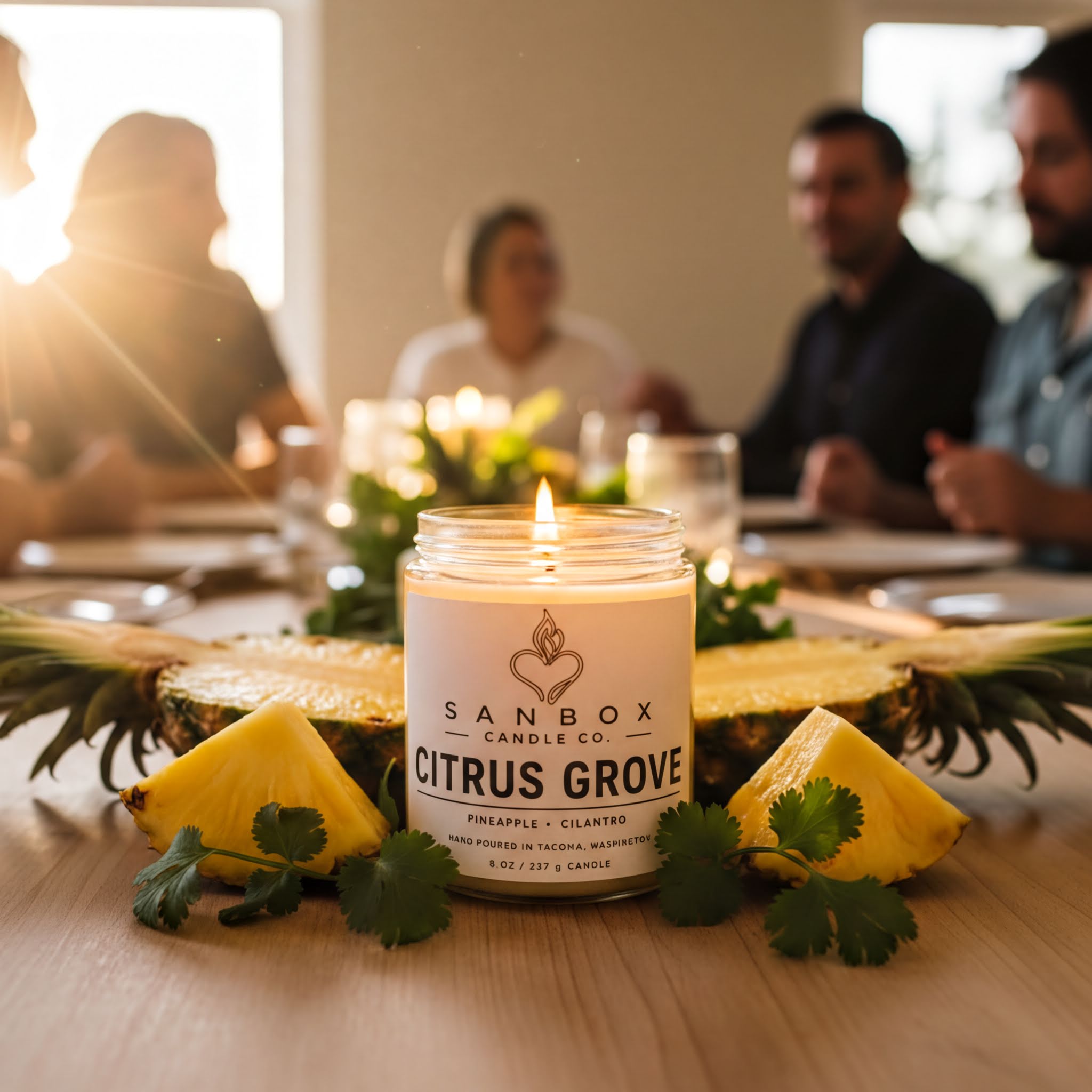 A lit candle in a jar labeled "CITRUS GROVE" sits on a table surrounded by pineapple slices and cilantro leaves, with people seated at a table in the background.