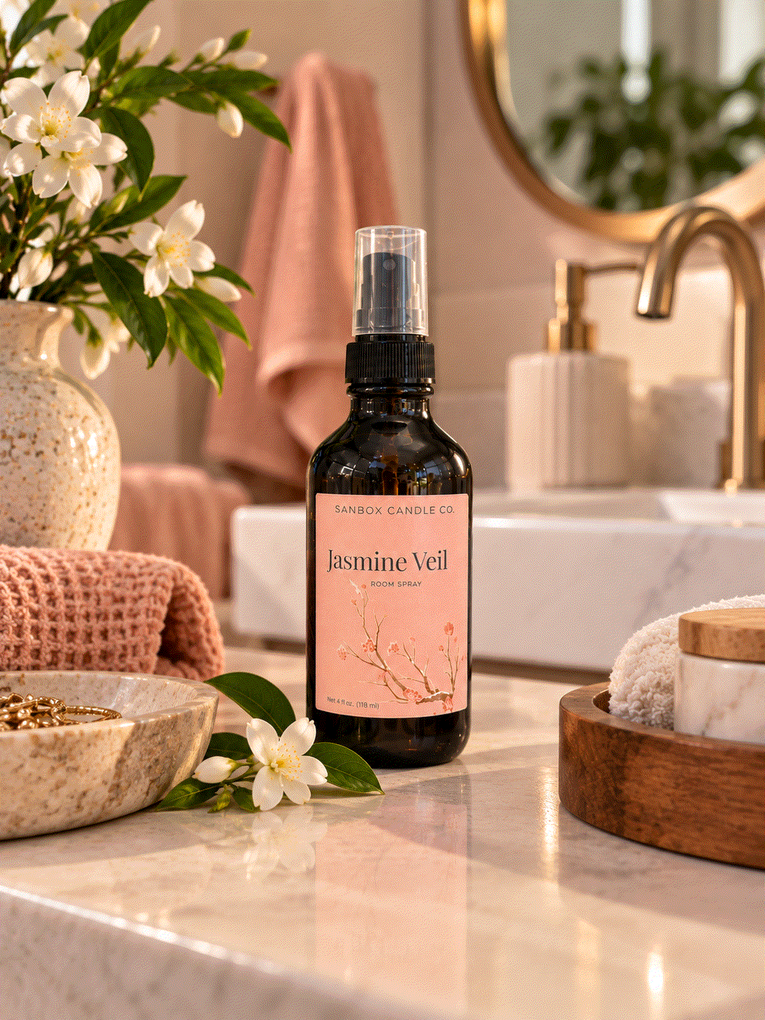 Jasmine Veil jasmine floral room spray in an amber bottle with a blush pink label, styled on a dark wood console beside jasmine blossoms and warm candlelight.