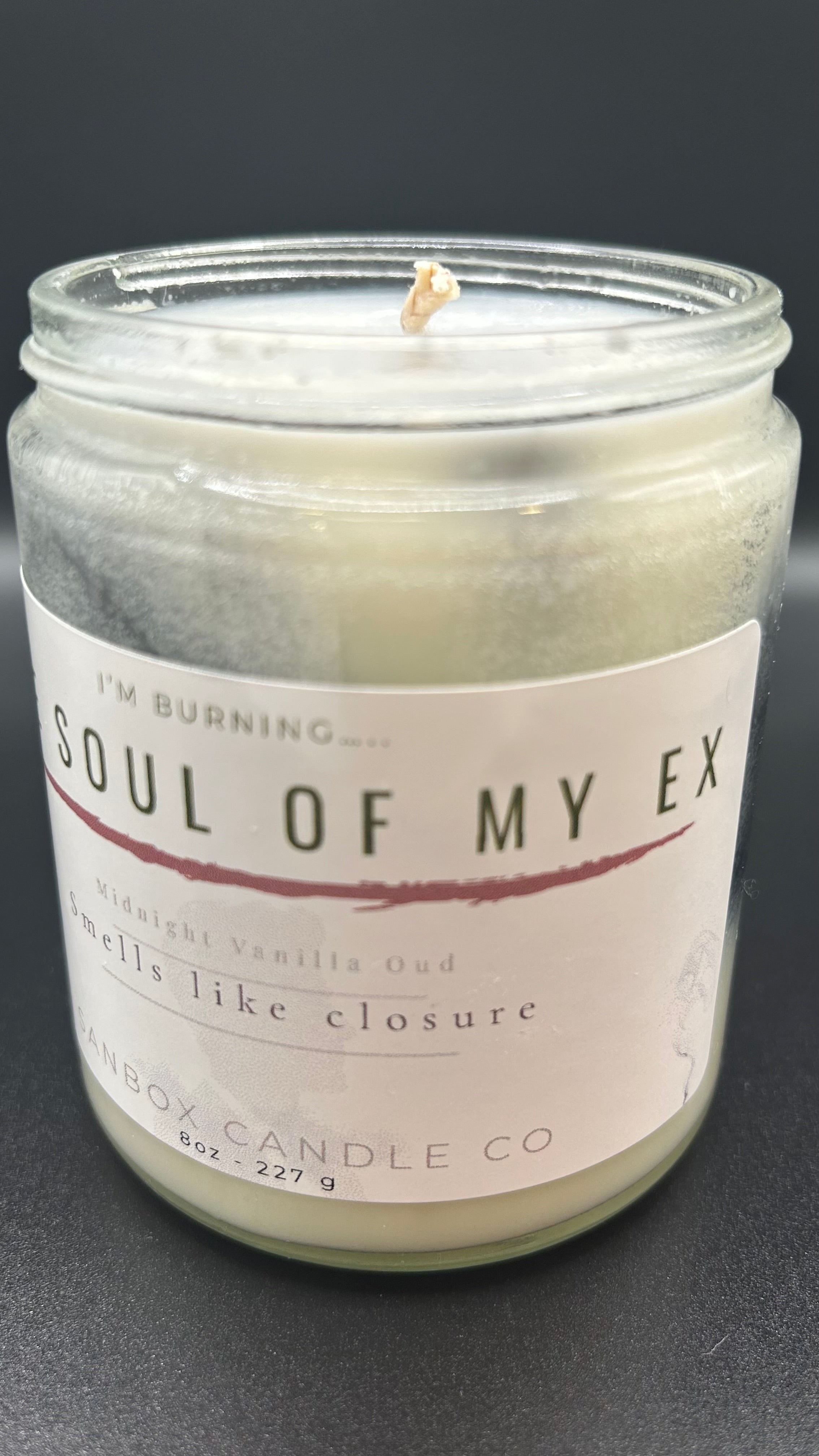 Midnight vanilla oud scented candle in glass jar with Soul of My Ex label, 8oz size