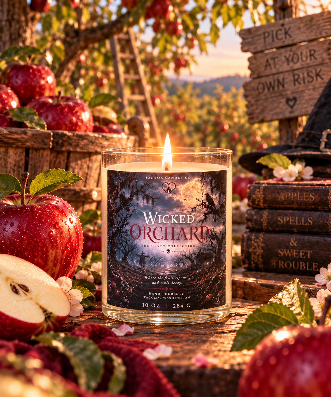 Wicked Orchard 10 oz apple amber soy candle burning in a clear glass jar with a black lid, surrounded by red apples, a skull, a raven, and vintage spell books in a gothic Halloween scene